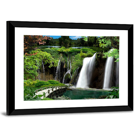 Wooden Bridge and Forest Waterfall Wall Art