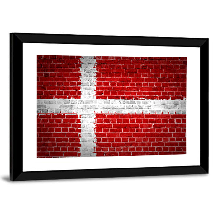 Denmark Flag on Weathered Brick Wall Art as a framed print