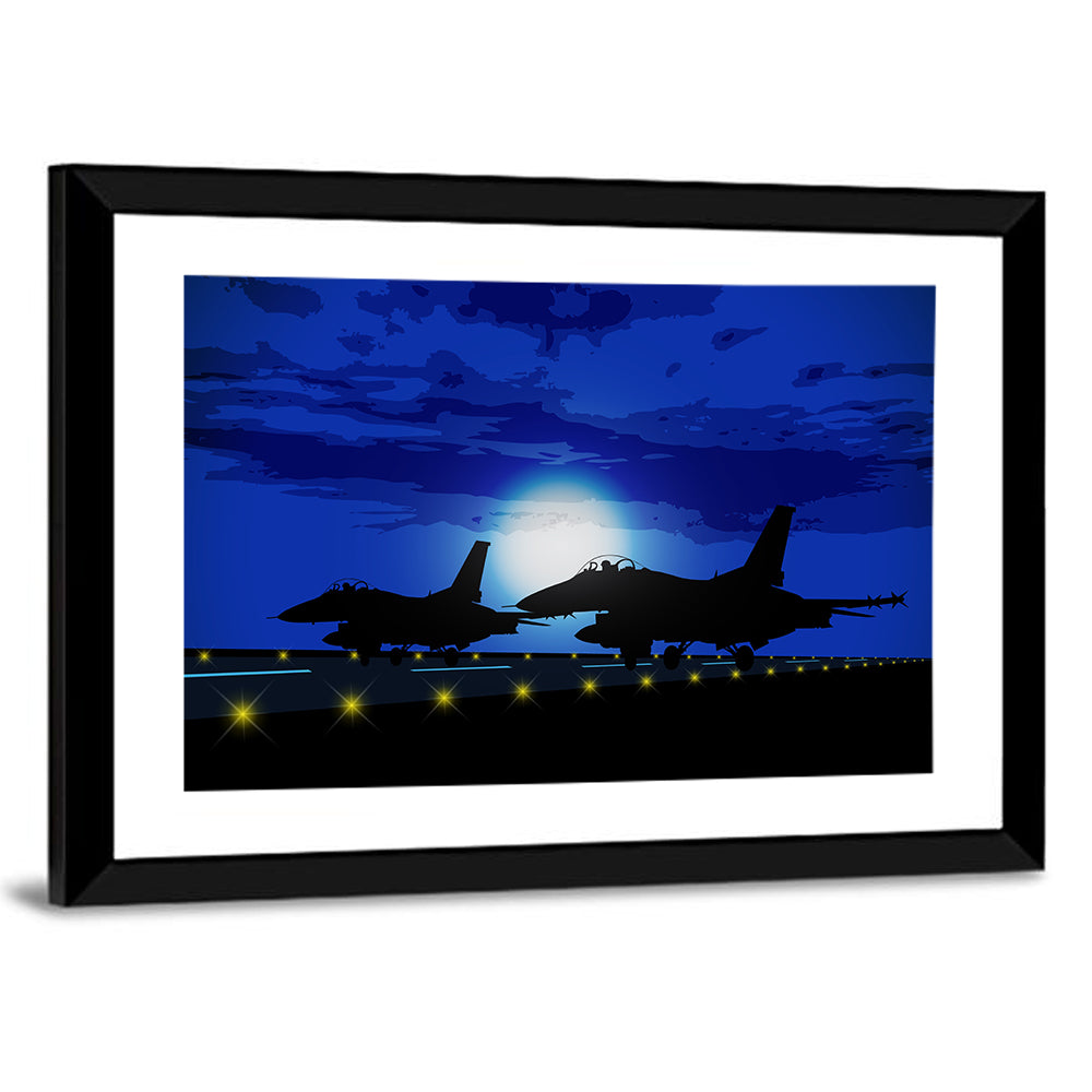 Moonlit Fighter Jets on Runway Wall Art