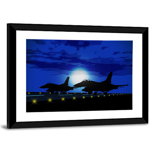 Moonlit Fighter Jets on Runway Wall Art