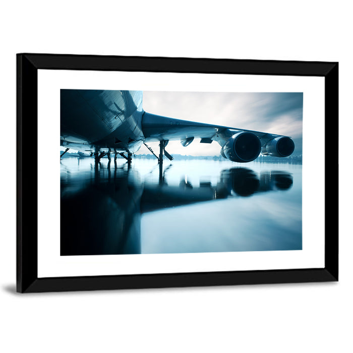 Aircraft Over Reflective Water Wall Art as a framed print