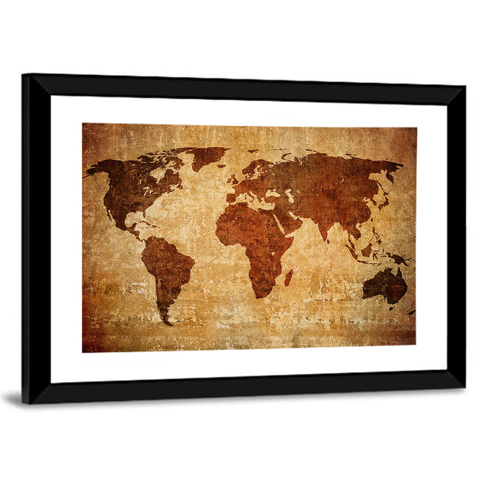 Grunge World Map Wall Art as a framed print