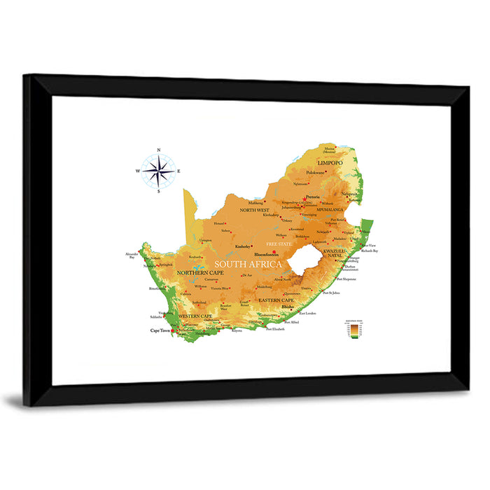 South Africa Physical Map Wall Art as a framed print