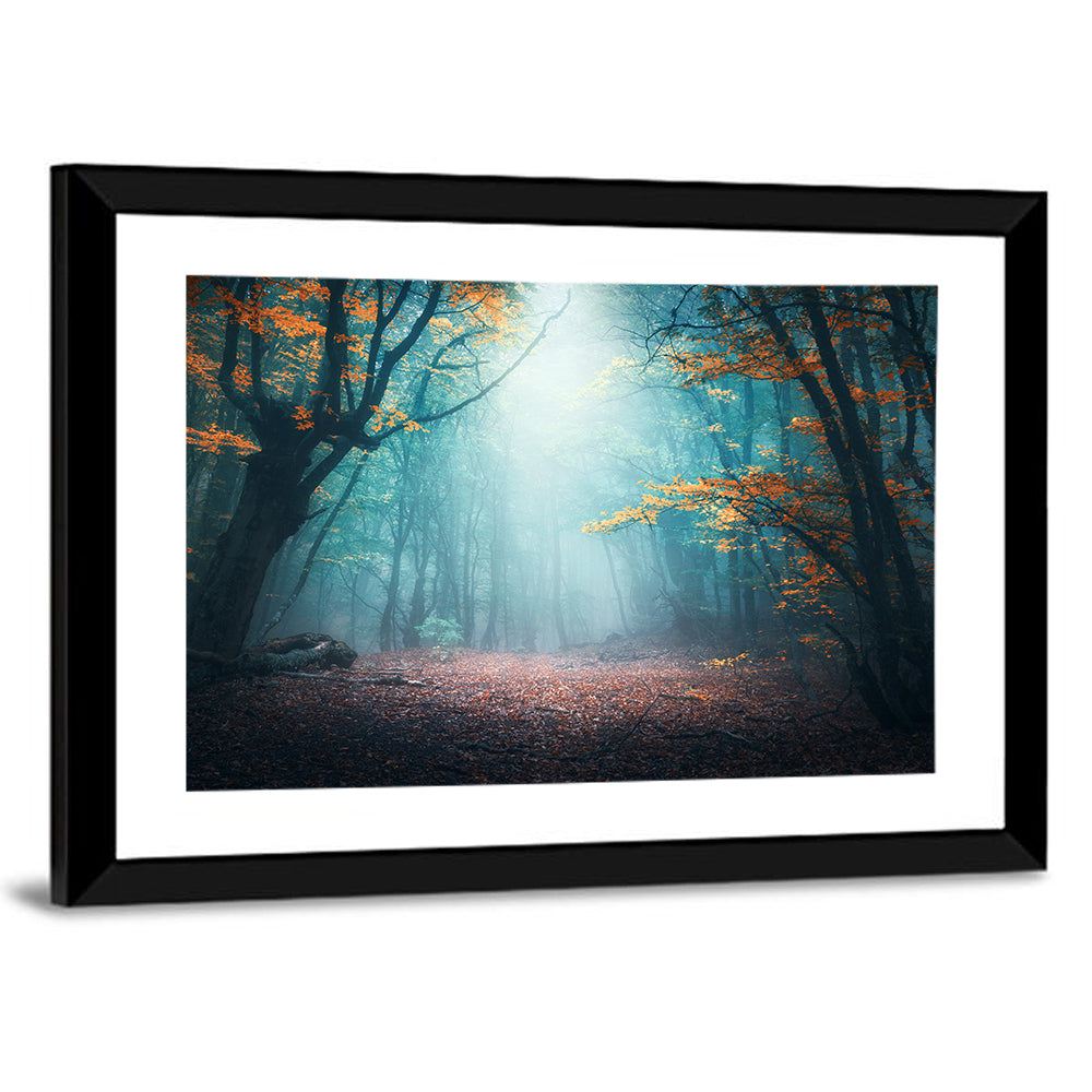 Misty Forest Path with Glowing Light Wall Art