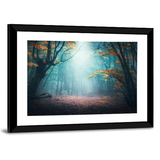 Misty Forest Path with Glowing Light Wall Art