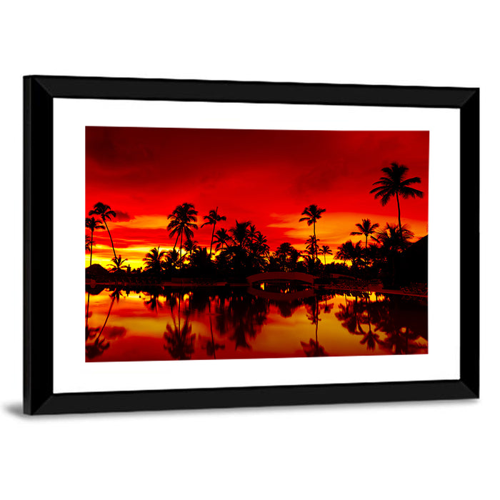 Sunset Over Sea with Palm Silhouettes Wall Art as a framed print