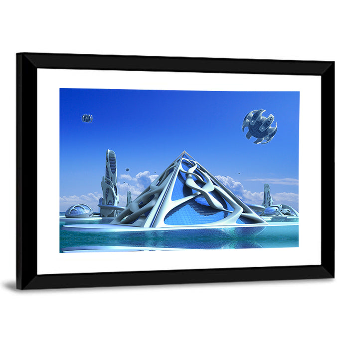 Futuristic Glass Pyramid City Wall Art as a framed print