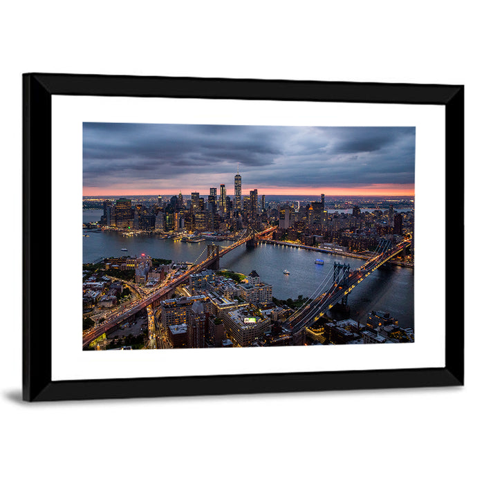 Twilight Over Brooklyn and Manhattan Bridges Wall Art as a framed print