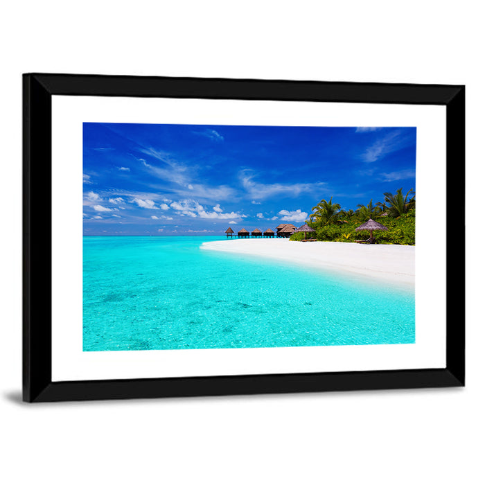 Turquoise Island with Water Bungalows Wall Art as a framed print