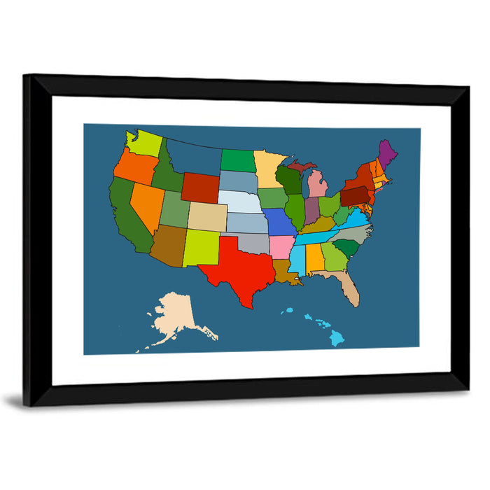 Color-blocked United States Map Wall Art as a framed print