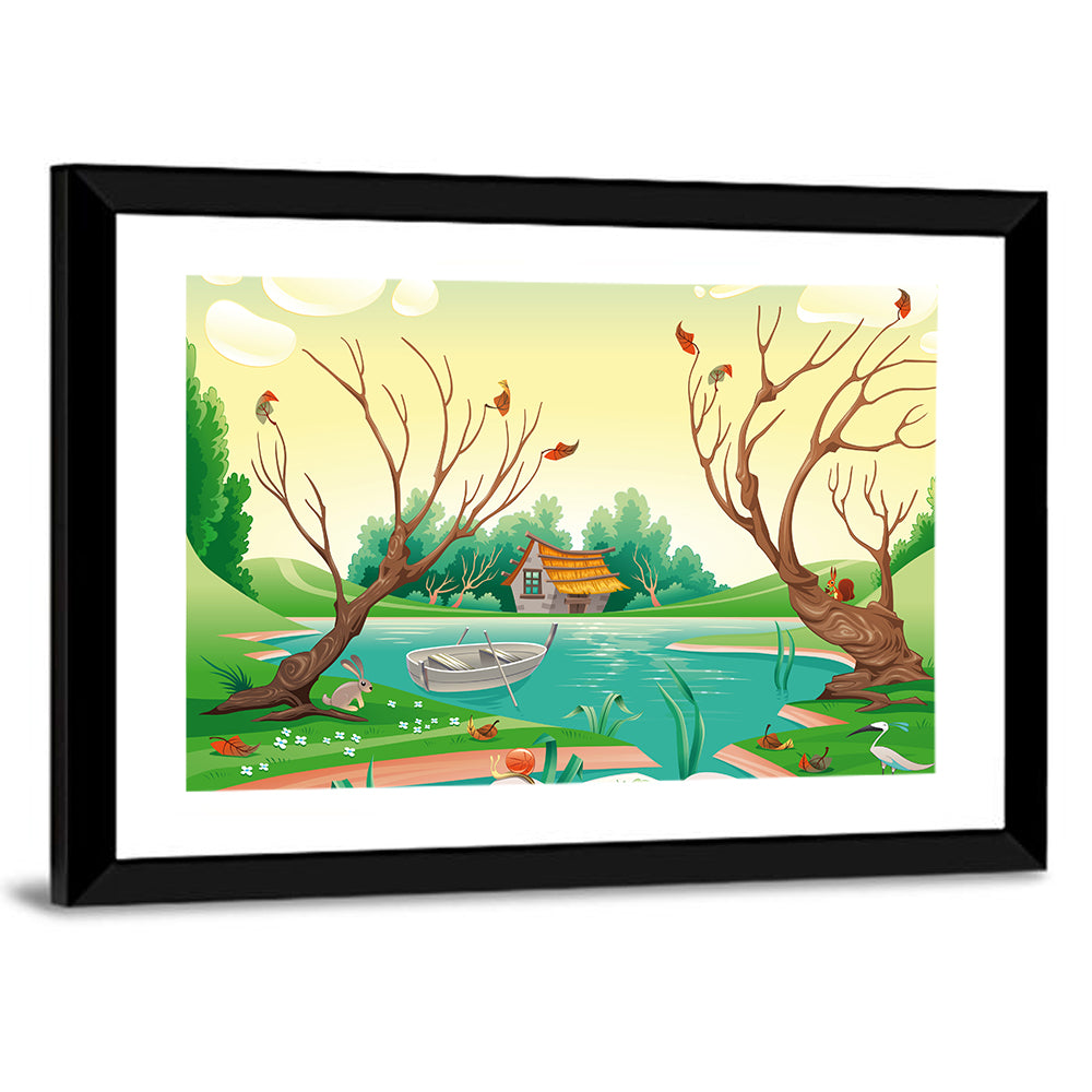 Thatched Village by the Lake Wall Art