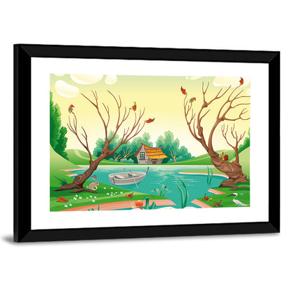 Thatched Village by the Lake Wall Art