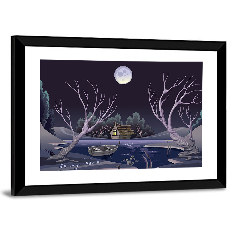 Cottage by Moonlit Pond Wall Art