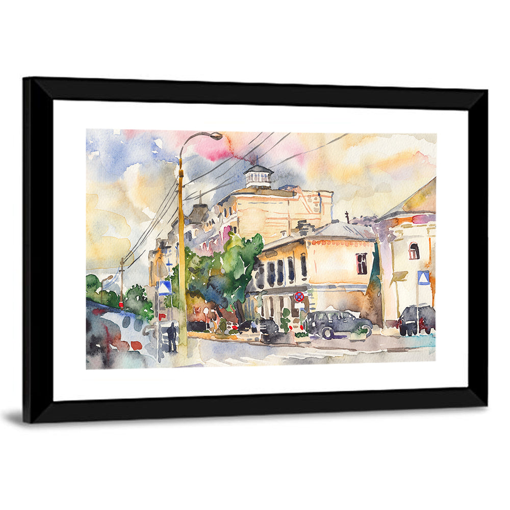 Sunlit City Street Watercolor Wall Art
