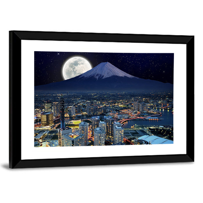 Yokohama Night Skyline with Mount Fuji Wall Art as a framed print