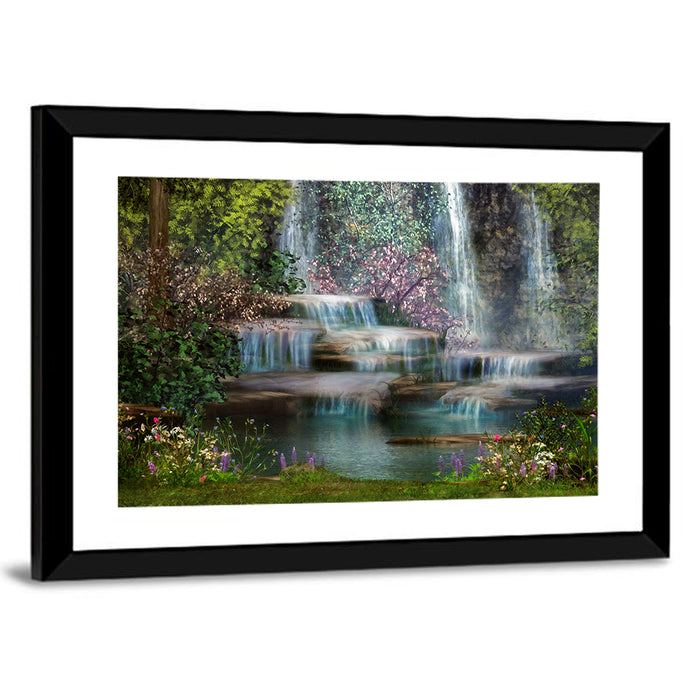 Multi-tier Jungle Waterfall with Pink Blossoms Wall Art as a framed print