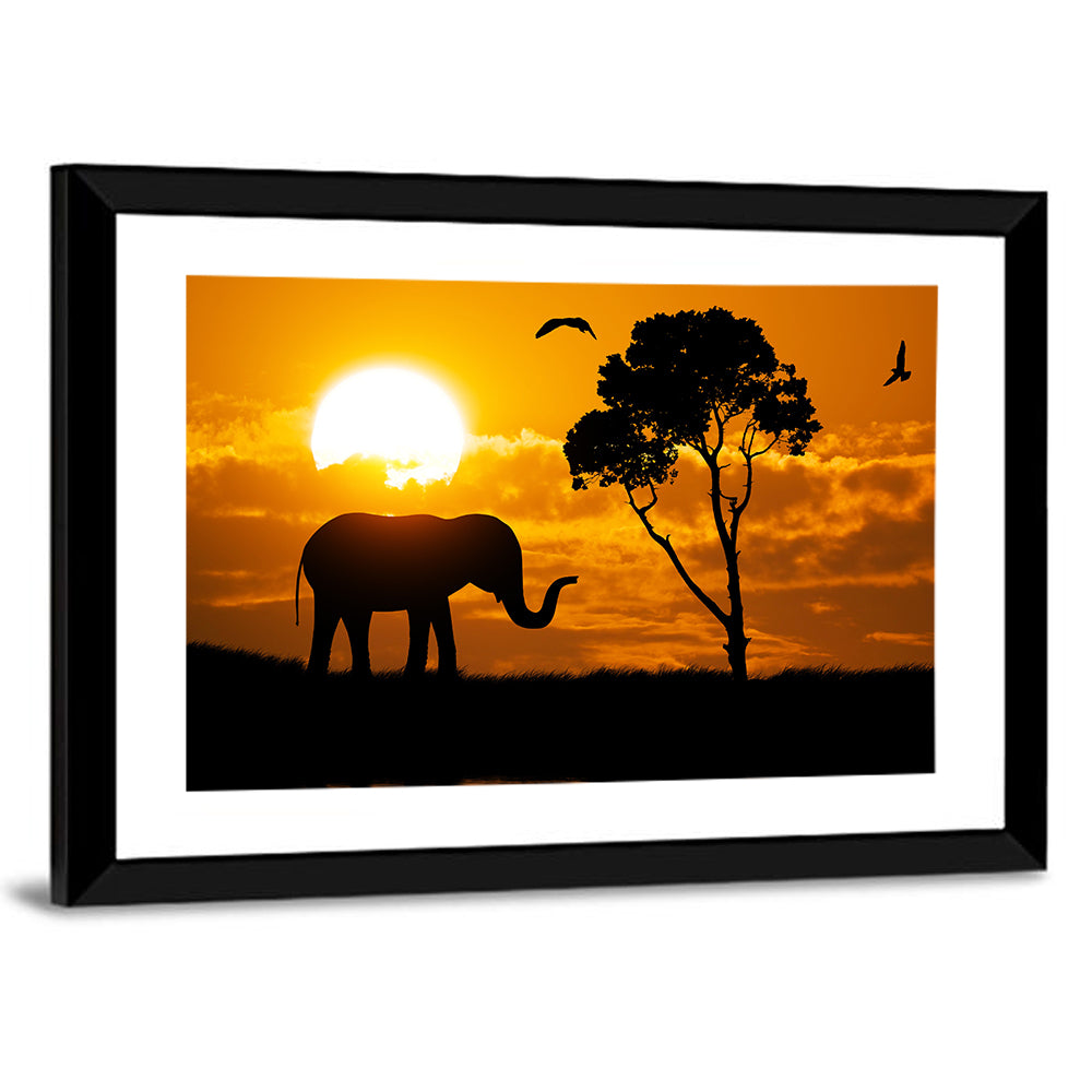 Sunset Elephant Silhouette Wall Art