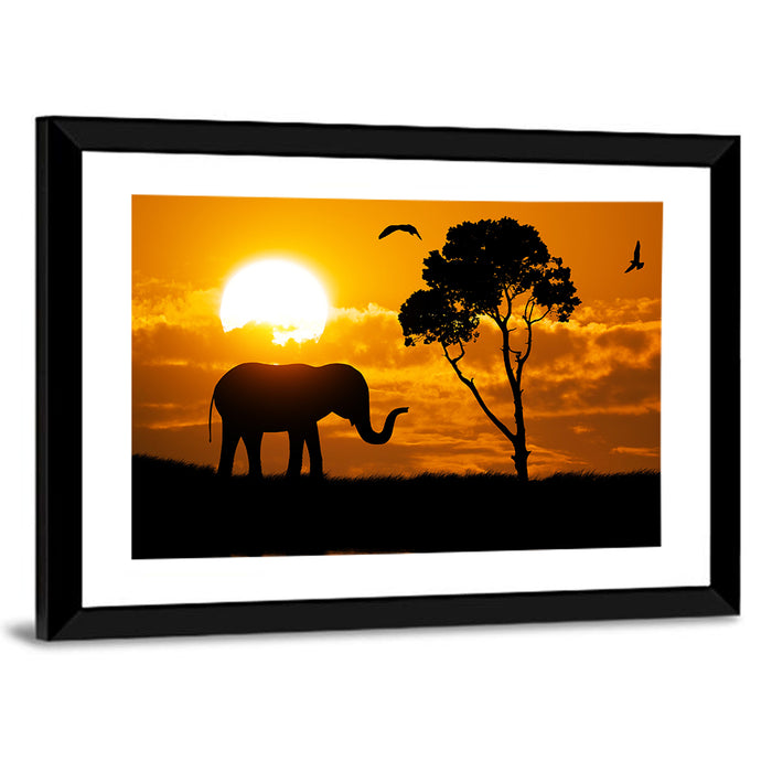 Sunset Elephant Silhouette Wall Art as a framed print