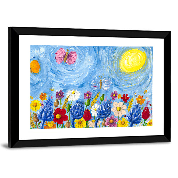 Sunlit Wildflower Meadow with Butterflies Wall Art as a framed print