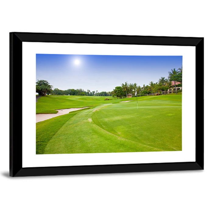 Sunny Putting Green with Palm Trees Wall Art as a framed print