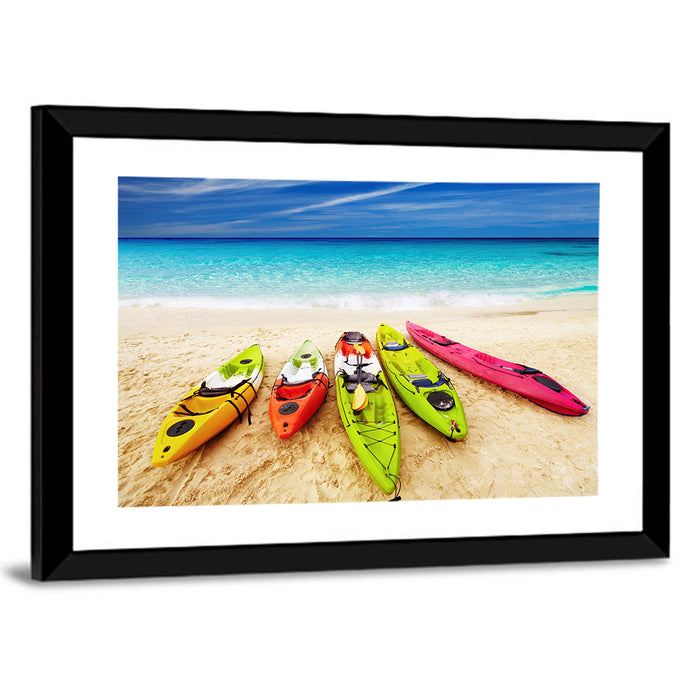 Five Colorful Kayaks on White Sand Wall Art as a framed print