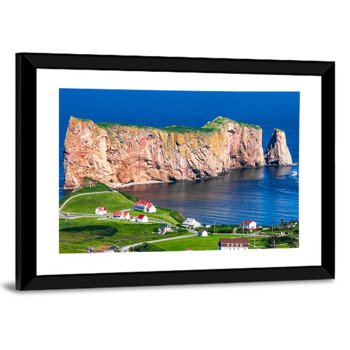 Percé Rock and Coastal Village, Quebec Wall Art as a framed print