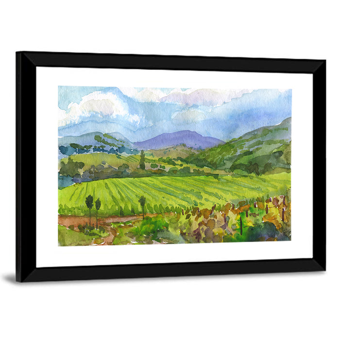 Countryside Vineyard Watercolor Wall Art as a framed print