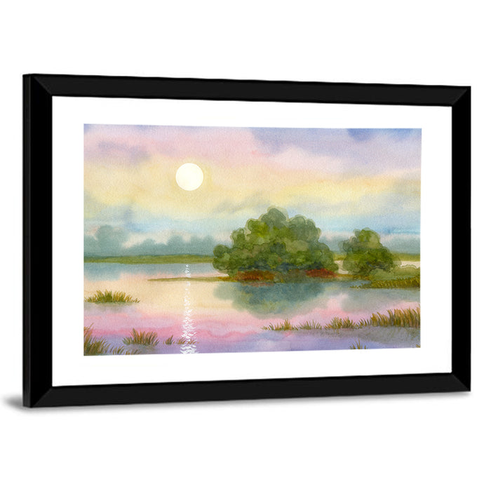 Golden Hour Sunrise Over Lake Wall Art as a framed print