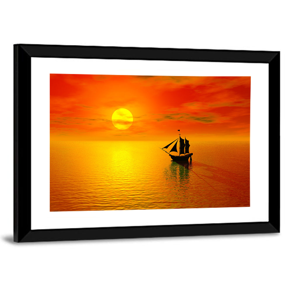 Old Sailboat Silhouette at Sunset Wall Art