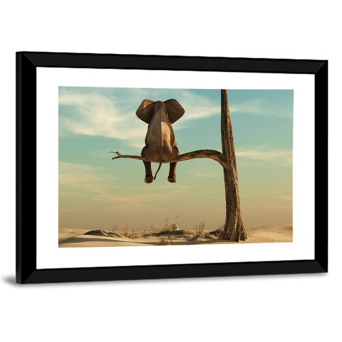 Solitary Elephant on a Tree Branch Wall Art as a framed print