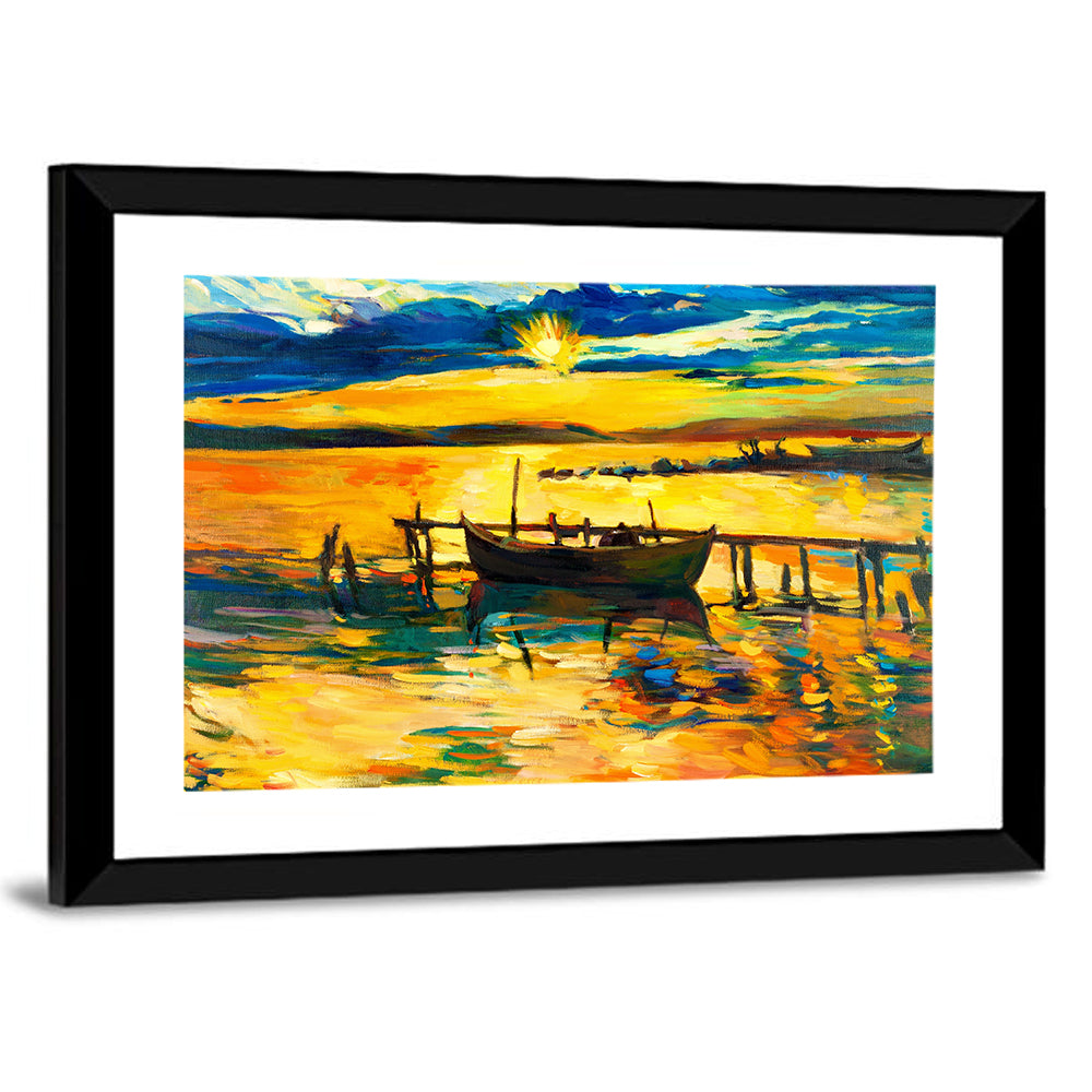 Sunset Boat at Jetty Oil Painting Wall Art