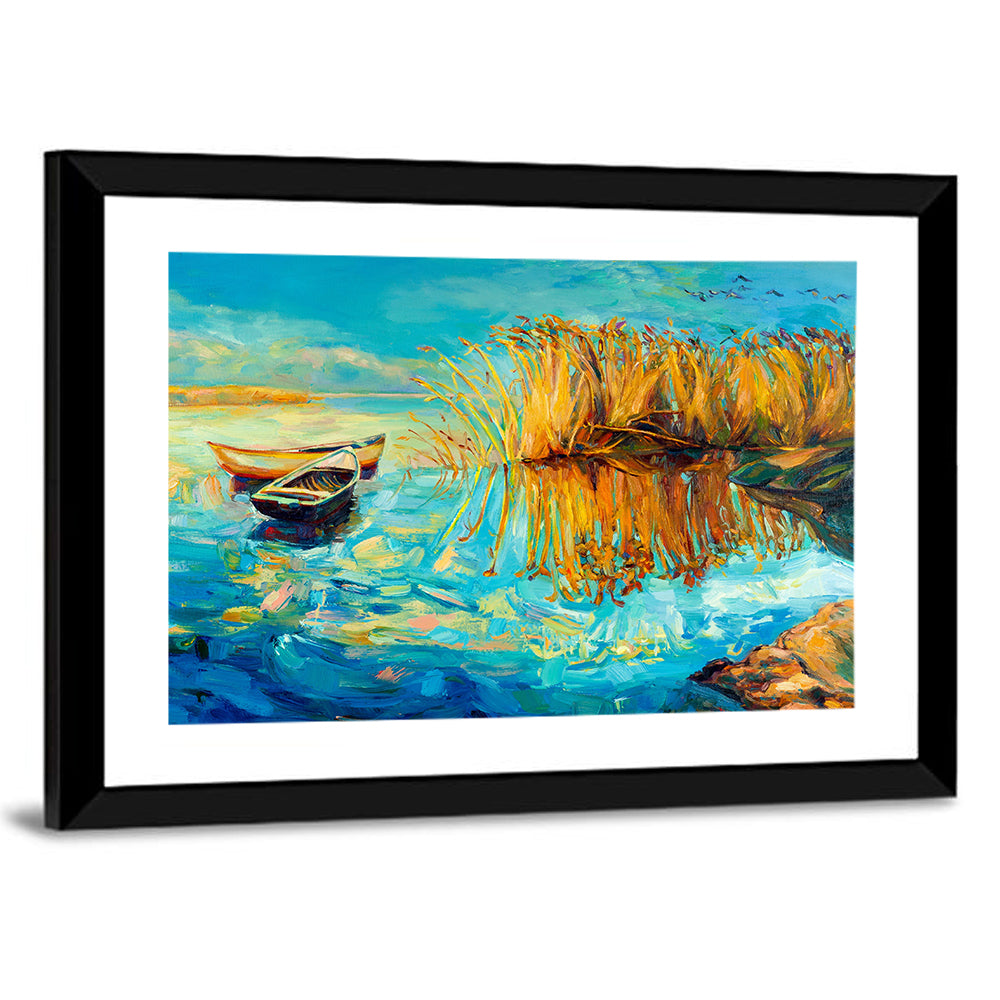 Rowboats and Reeds on Blue Lake Wall Art