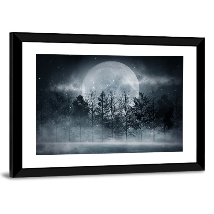 Full Moon Over Misty Forest Wall Art as a framed print