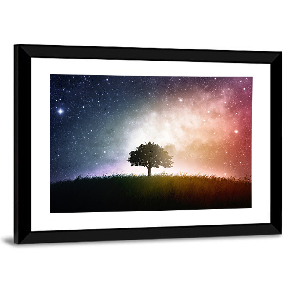 Tree Silhouette Under Nebula Sky Wall Art