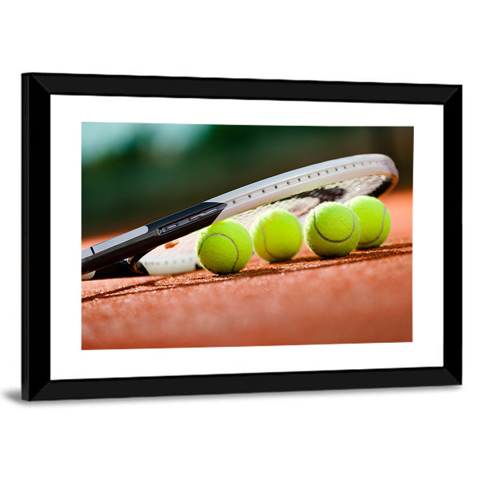 Tennis Balls Along Racket Frame Wall Art as a framed print