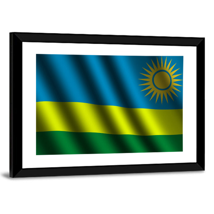 Rwandan Flag with Golden Sun Wall Art as a framed print