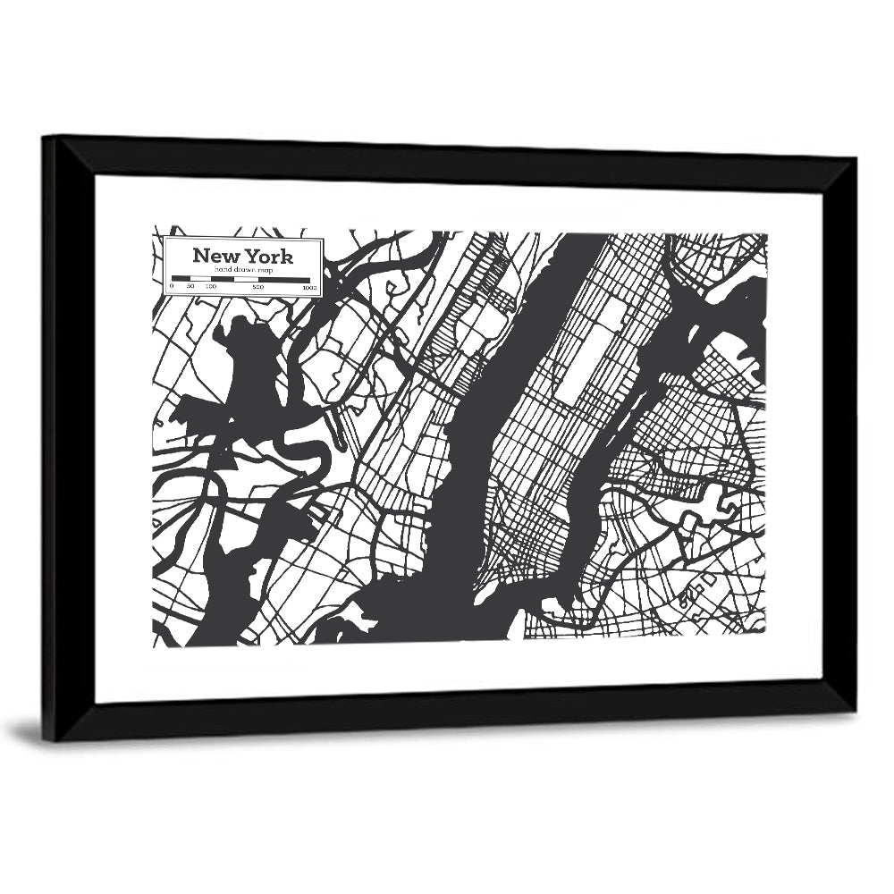 New York City Map Black and White Wall Art
