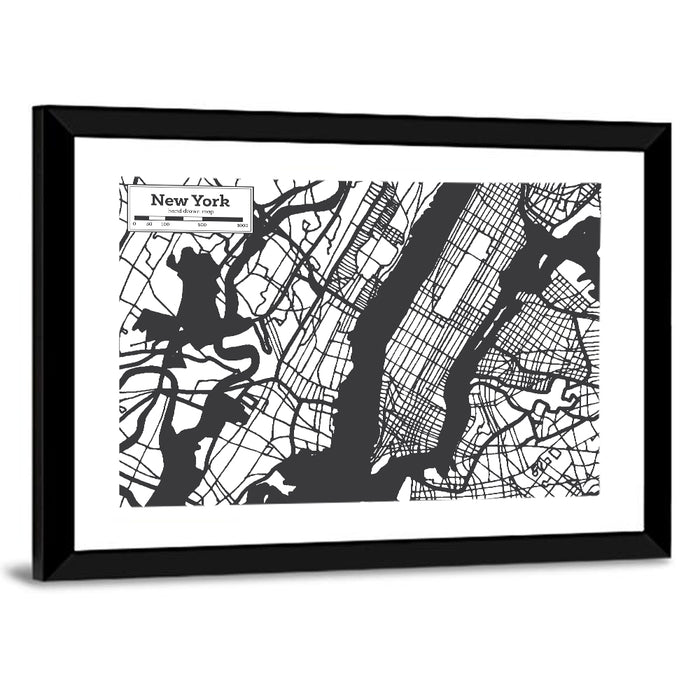 New York City Map Black and White Wall Art as a framed print