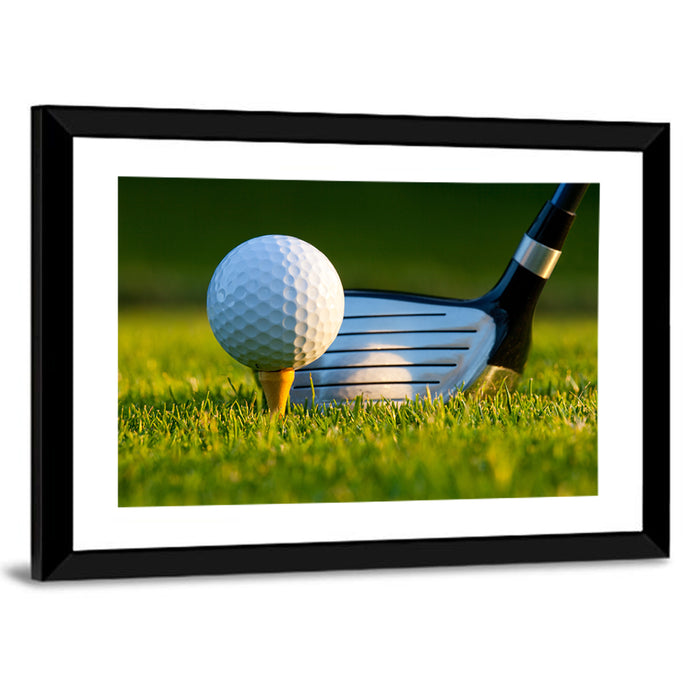 Golf Ball and Club Close Up Wall Art as a framed print