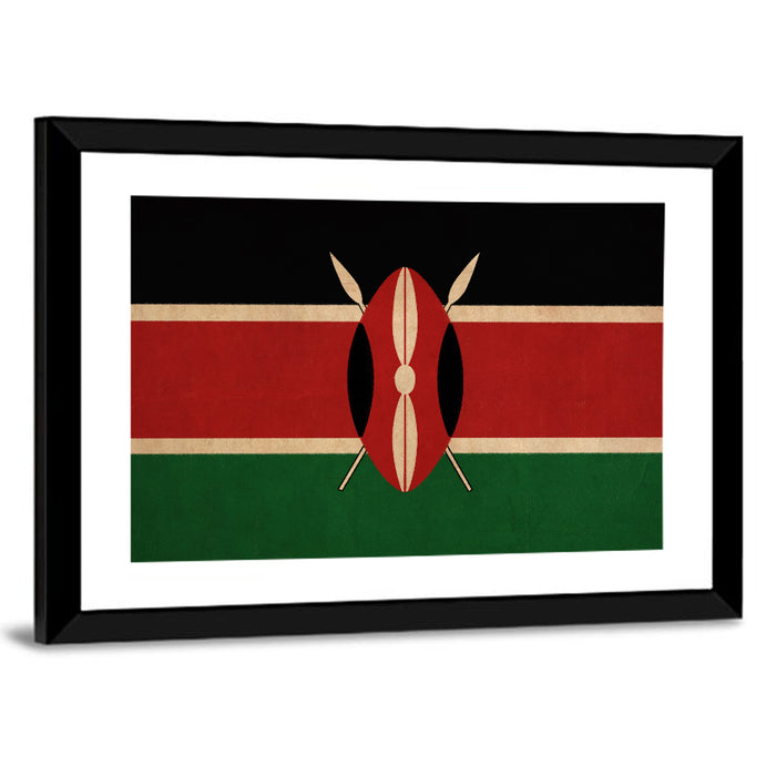 Kenyan Flag with Shield Emblem Wall Art as a framed print