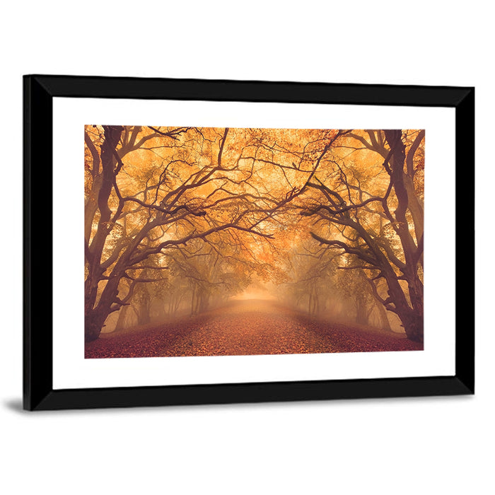 Golden Autumn Forest Path Wall Art as a framed print