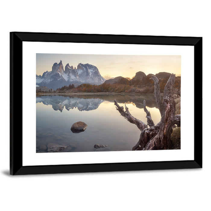 Cuernos Peaks and Driftwood, Pehoe Lake Wall Art as a framed print