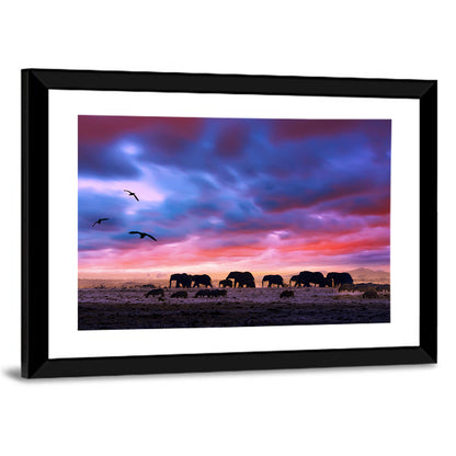 Elephants at Savannah Sunset Wall Art