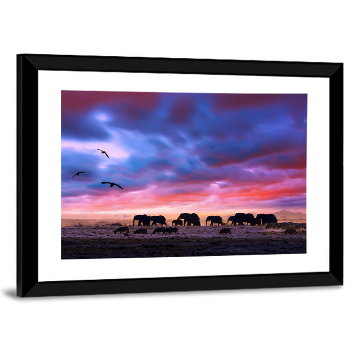 Elephants at Savannah Sunset Wall Art as a framed print