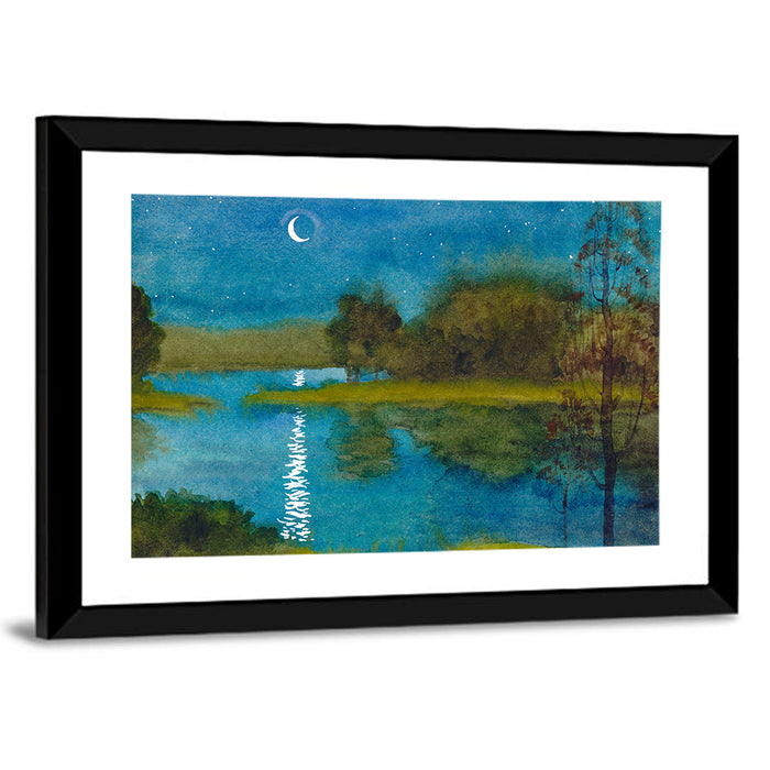 Quiet River Under Moonlight Wall Art as a framed print
