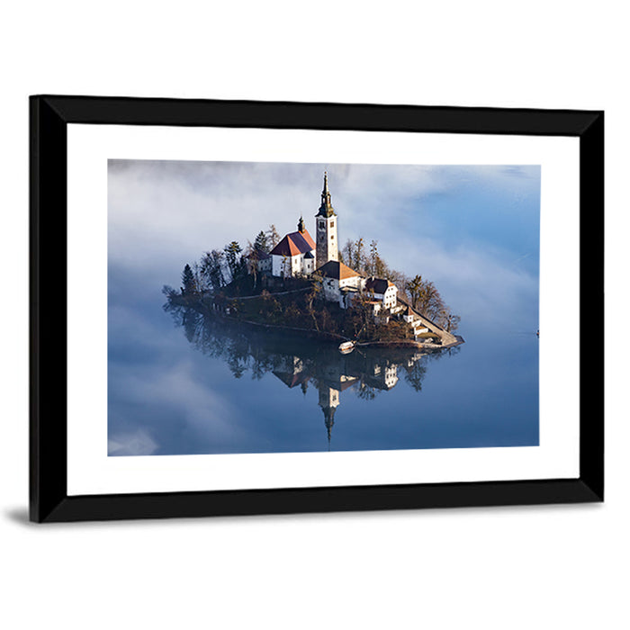 Bled Island Morning Fog Wall Art as a framed print