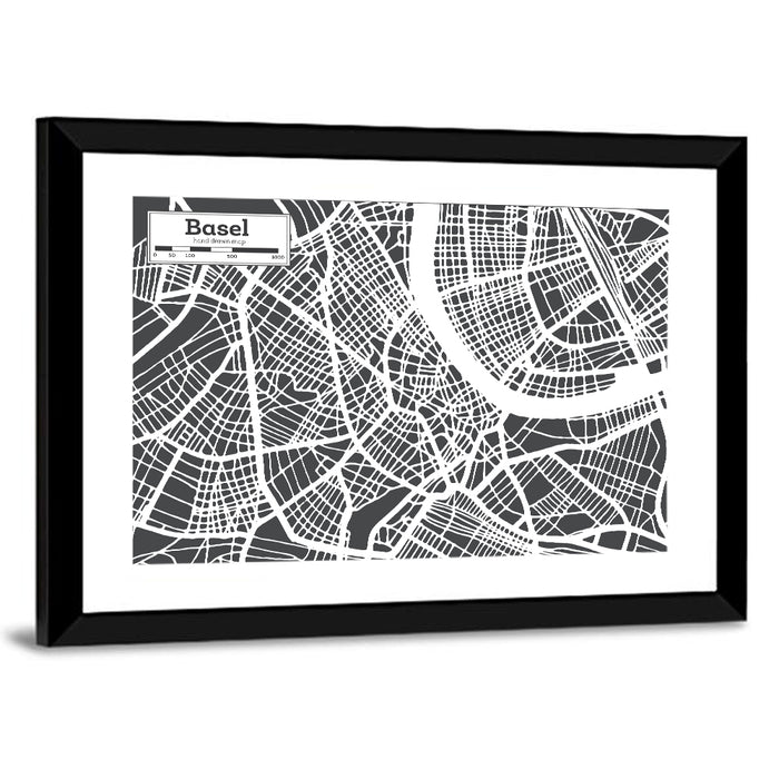 Basel River Bend Map Wall Art as a framed print
