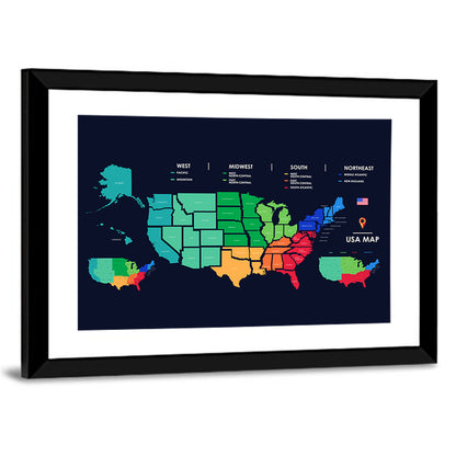 Color Coded US Regions Map Wall Art