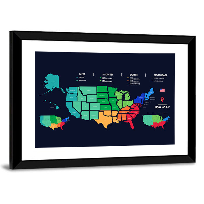 Color Coded US Regions Map Wall Art as a framed print