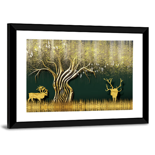 Golden Jungle Deer Scene Wall Art